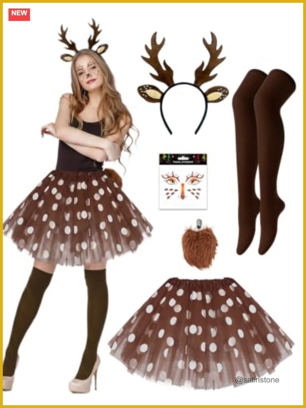 5 Pc Women Deer Costume Set Polka Dot Tutu Antler Headband Tail Halloween